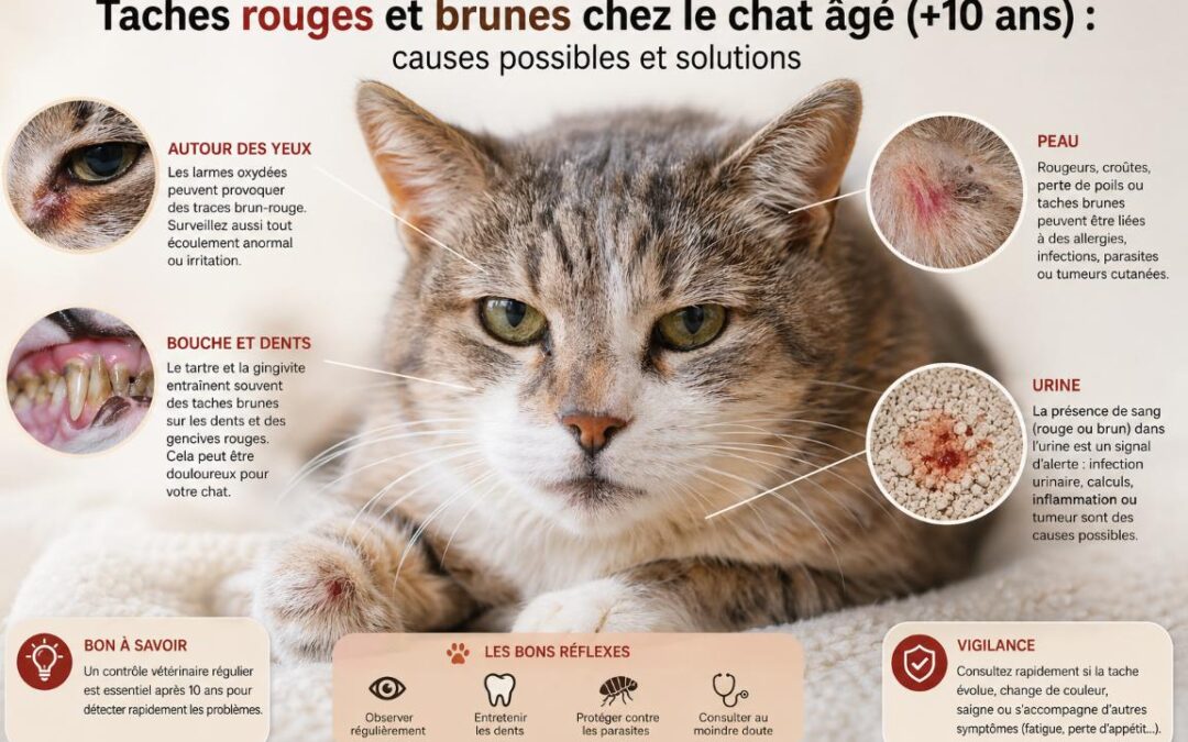Taches rouges et brunes chez le chat âgé (+10 ans) : causes possibles et solutions concrètes