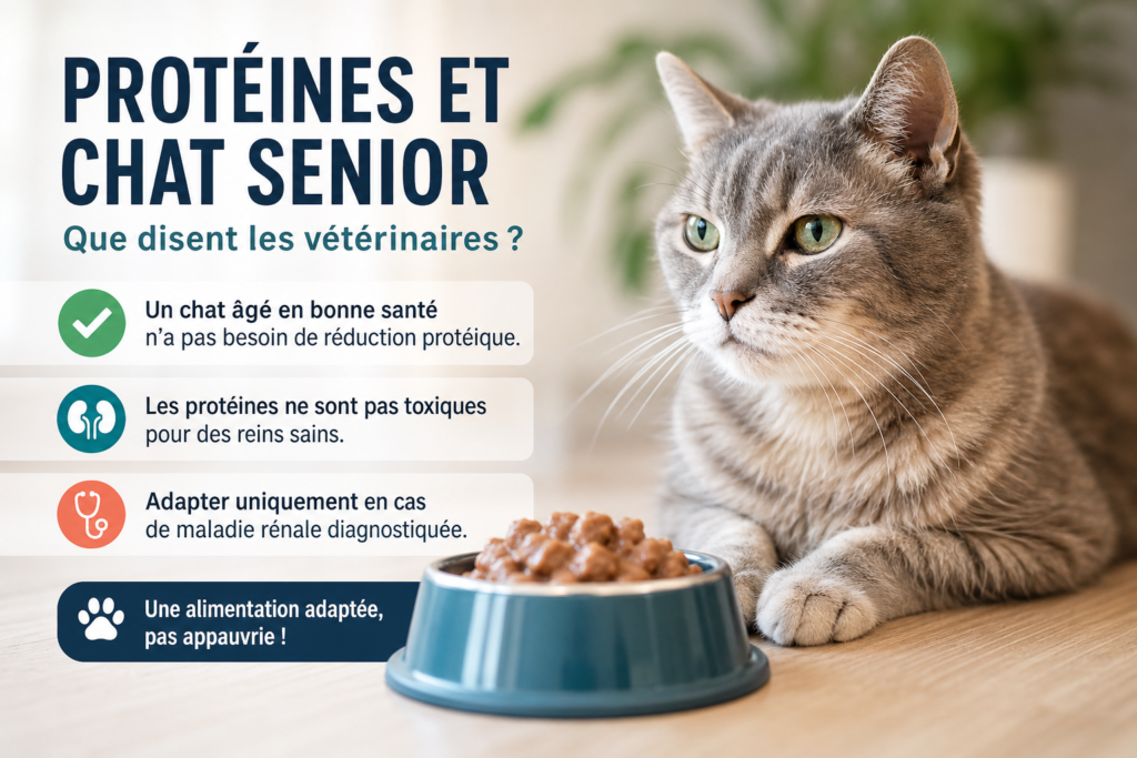 Infographie : chat senior gris tigré allongé près de sa gamelle de pâtée. Points clés affichés : un chat âgé en bonne santé n'a pas besoin de réduction protéique, les protéines ne sont pas toxiques pour des reins sains, adapter uniquement en cas de maladie rénale diagnostiquée. Illustration générée par IA.