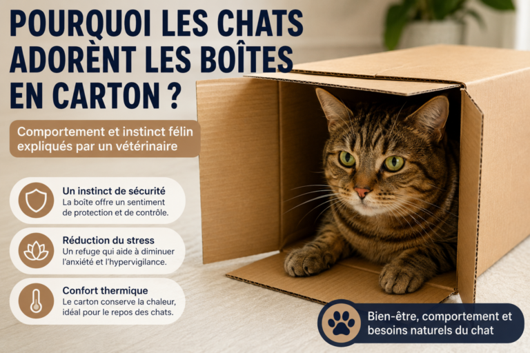 Chat domestique tigré installé dans une boîte en carton, illustrant le comportement félin naturel lié à la sécurité, la réduction du stress et l’instinct de refuge, expliqué par un vétérinaire.