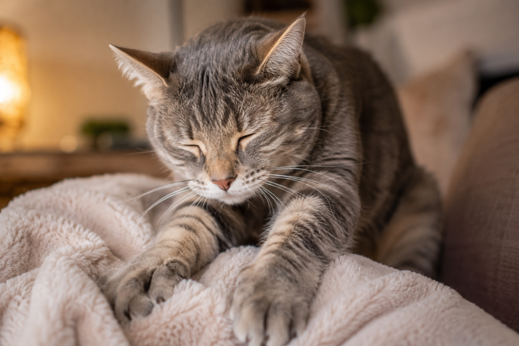 Chat senior qui pétrit une couverture douce avec ses pattes avant dans un moment de détente et de bien-être.