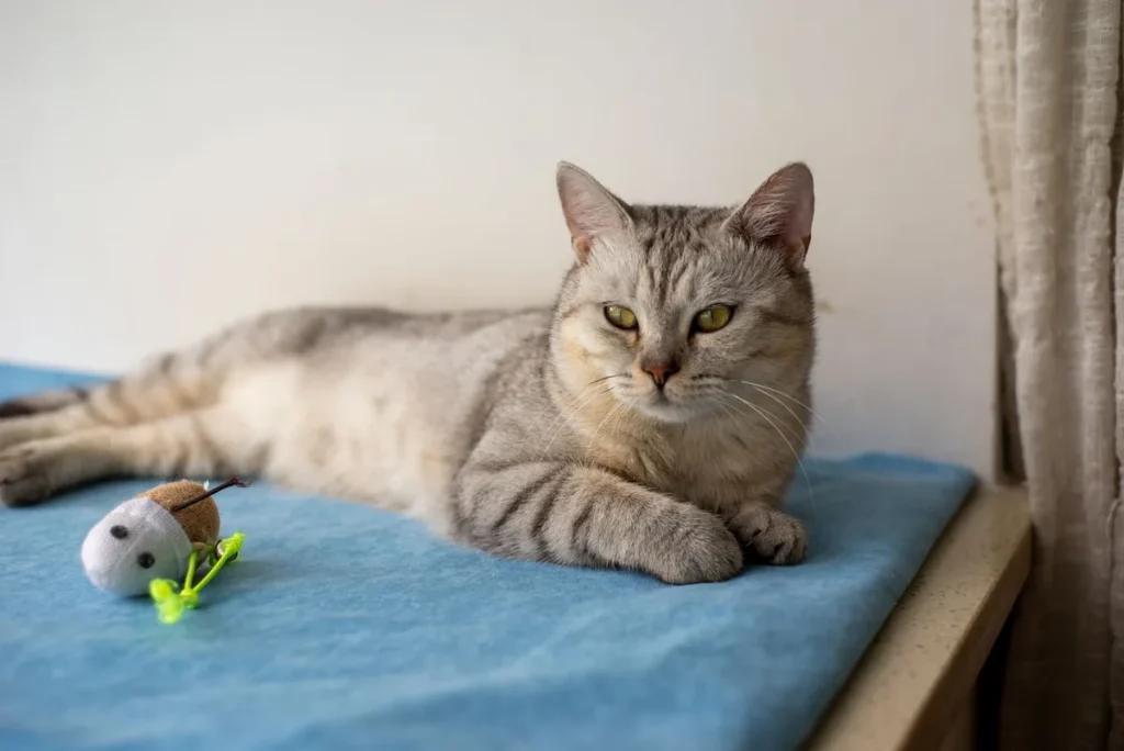 Jeune chat Burmese allongé, la tête basse, illustrant la faiblesse musculaire qui peut évoquer une crise d'hypokaliémie
