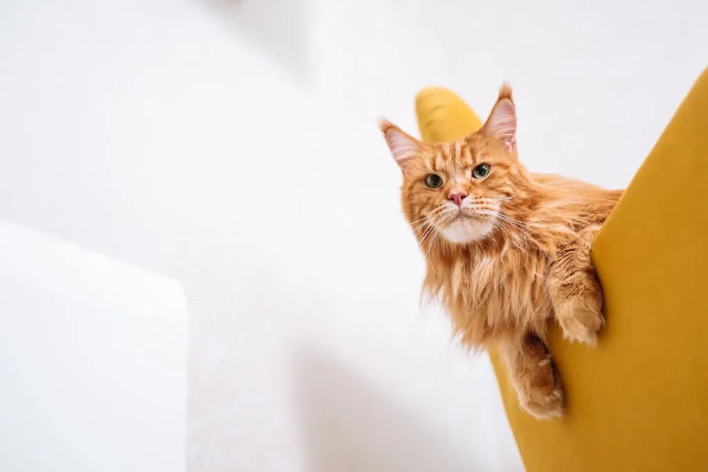 Chat de type Maine Coon hésitant devant un meuble haut, illustrant une gêne à sauter