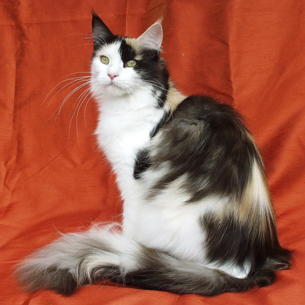 Maine Coon adulte au pelage mi-long, assis et attentif, illustrant la carrure imposante de la race
