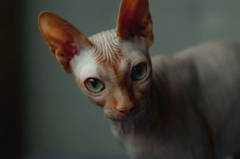 Chat Peterbald à la peau nue et à la silhouette élancée, allongé dans un intérieur chauffé